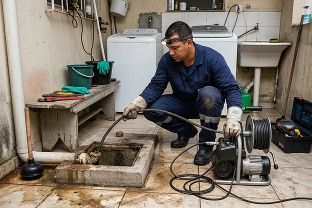 Desentupidor avaliando um entupimento em uma residência.