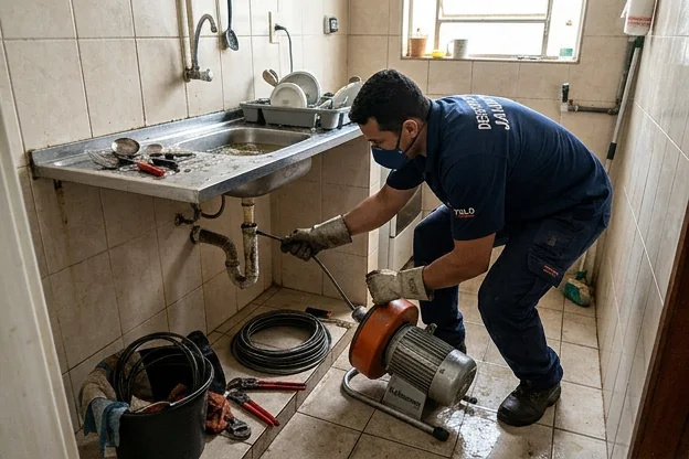 Profissional atuando em uma situação de desentupimento emergencial.