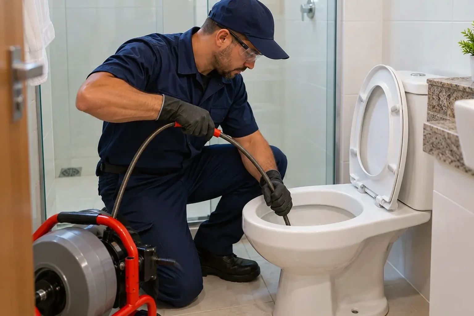 Profissional desentupindo um vaso sanitário em uma residência.