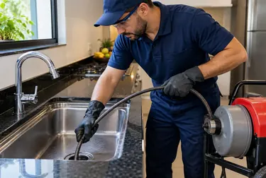 Profissional desentupindo uma pia com equipamento especializado.