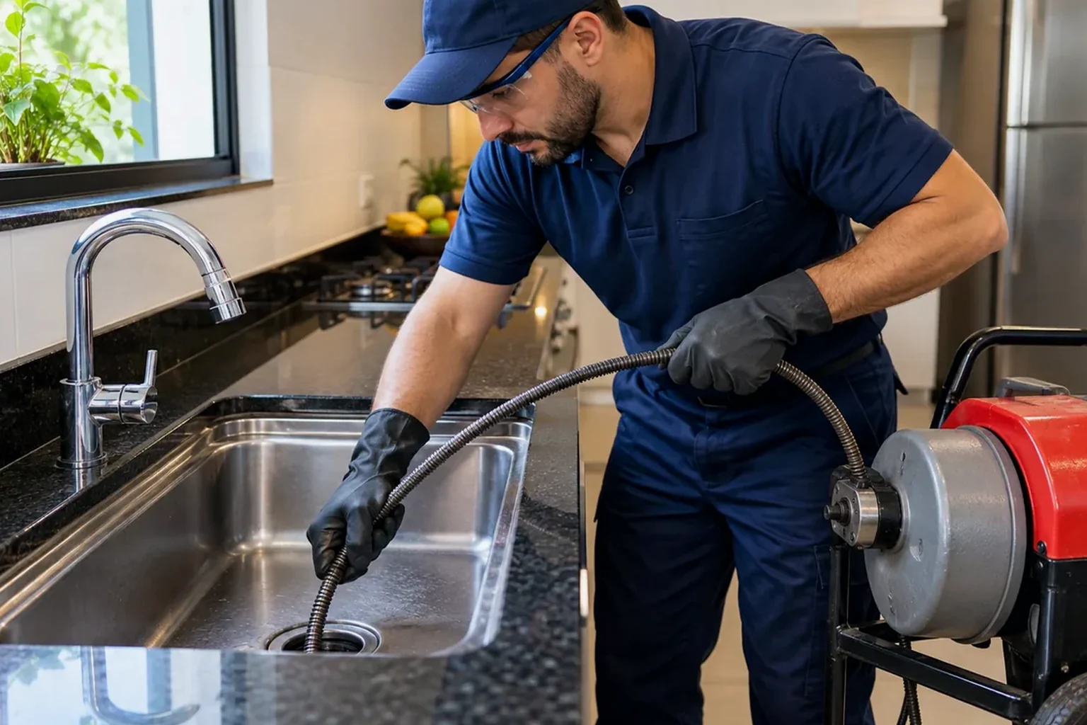 Profissional desentupindo uma pia com equipamento especializado.