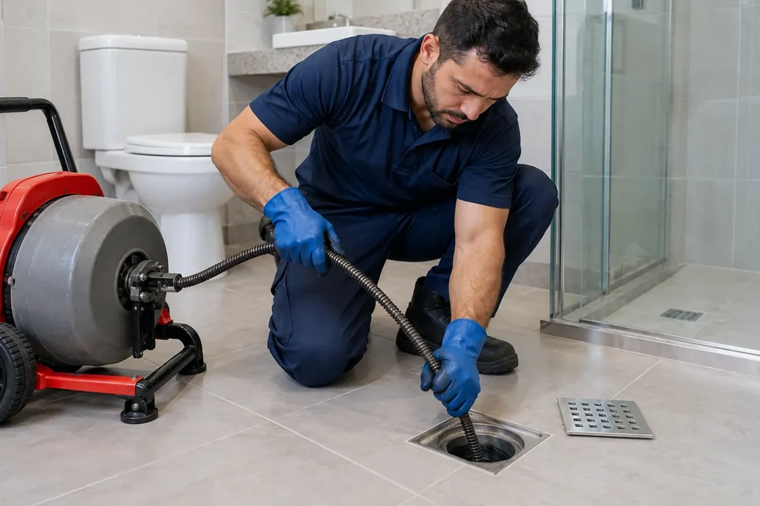 Técnico desentupindo um ralo em uma área residencial.