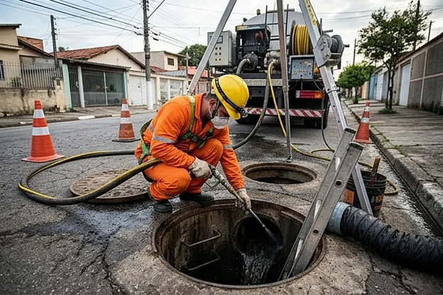 Técnico fazendo manutenção preventiva em uma rede de esgoto.