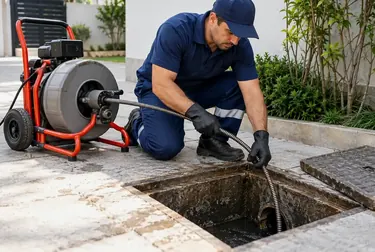 Técnico solucionando problemas em um sistema de esgoto.