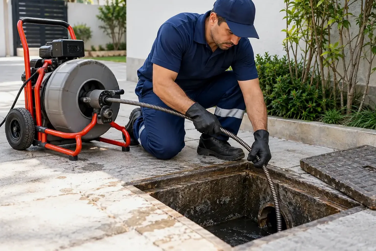 Técnico solucionando problemas em um sistema de esgoto.